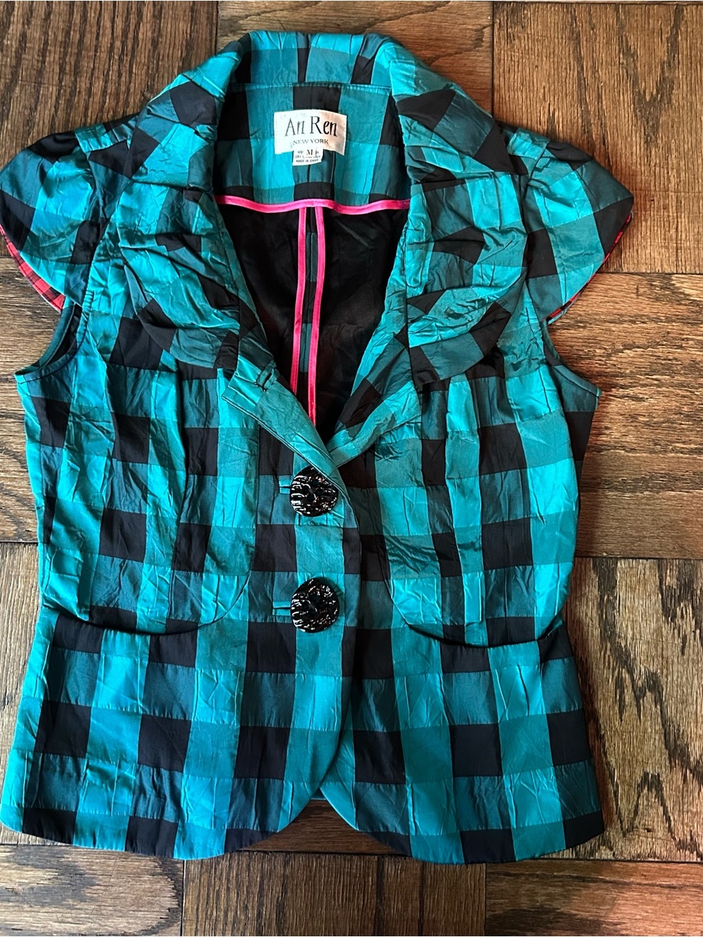 An Ren Teal and Black Checkered Cap-Sleeve Blouse